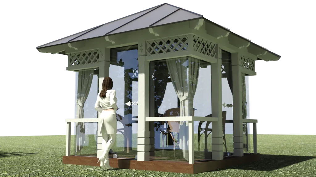Lapene 3 × 3 m ar atklātu koka karkasu