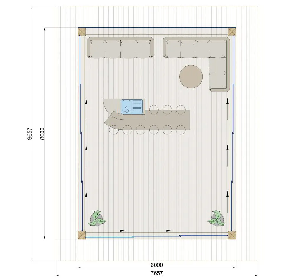 Uzbūvēts paviljons 6 × 8 m ar koka klāju