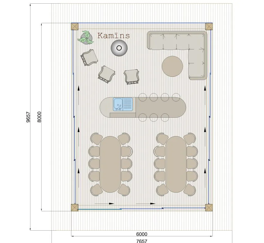 Paviljona 6 × 8 m jumta iekšskats