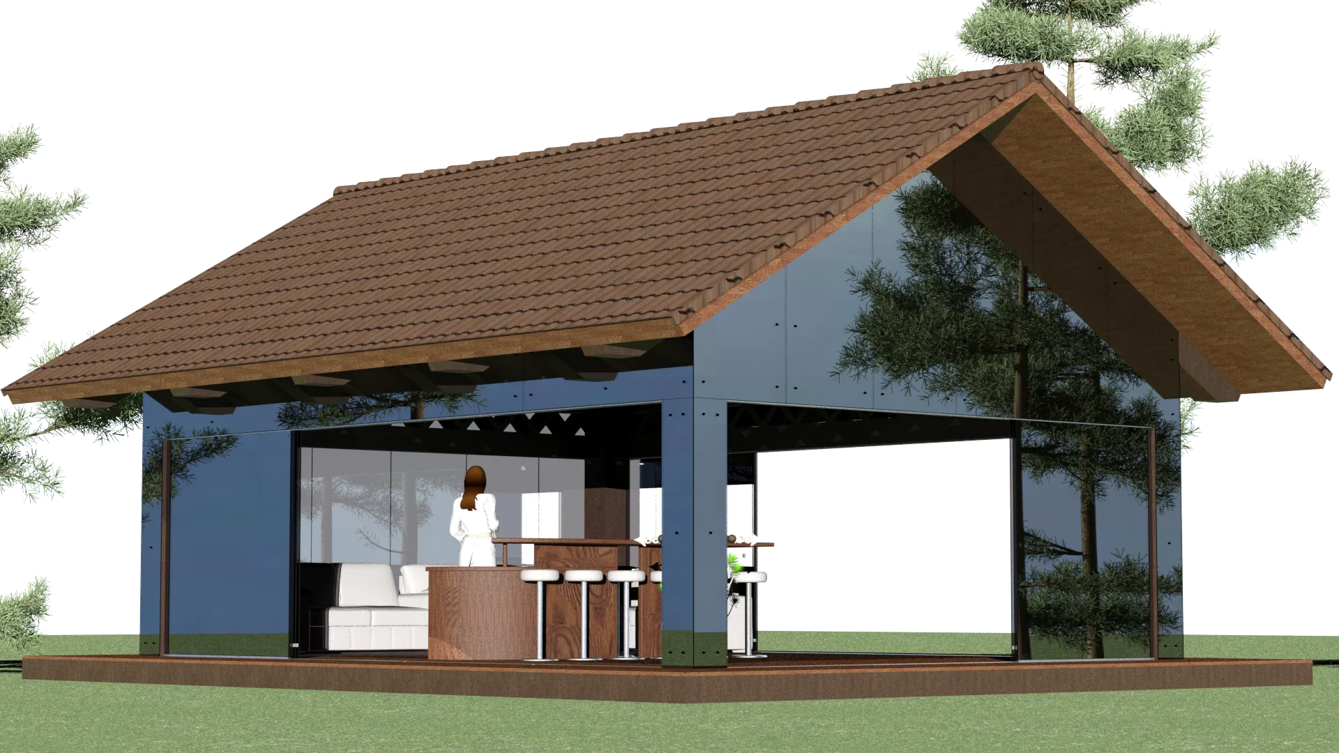Paviljons 6 × 8 m ar atklātām sānu ailēm