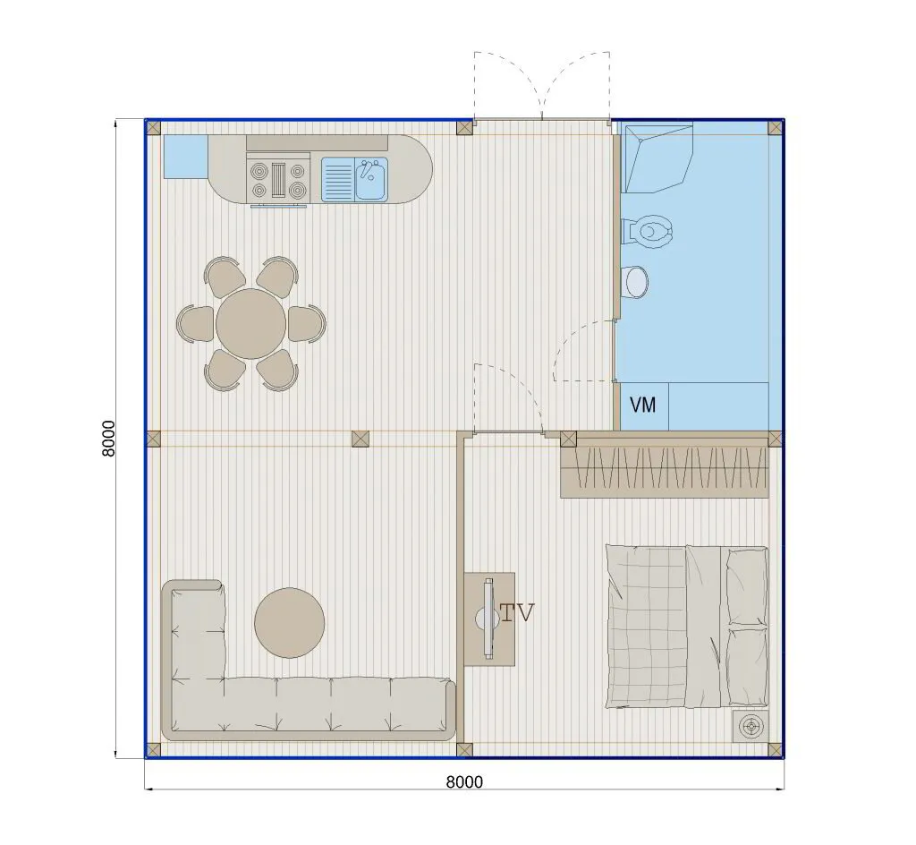 Paviljona 8 × 8 m iekšpuse ar redzamām sijām