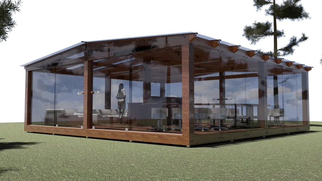 Paviljons 8 × 8 m ar koka nesošo karkasu