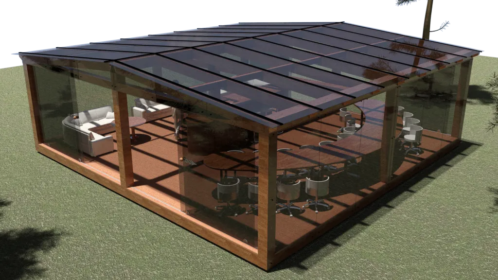 Paviljona 8 × 8 m jumta konstrukcija