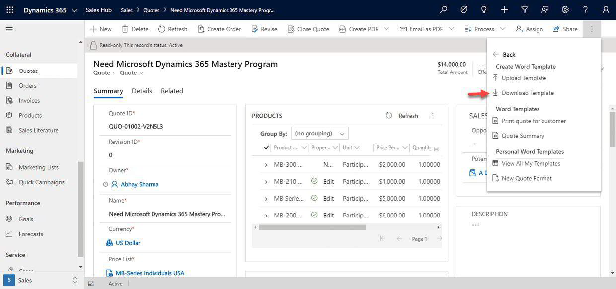 Create Template from a Quote In Microsoft Dynamics 365