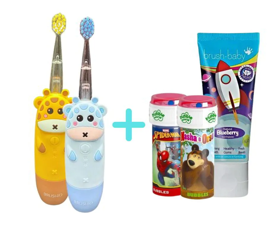 BRUSHIO Bērnu Elektriskā Zobu Birste, Zila un dzeltena 2-12g.+ Brush Baby Rocket melleņu bērnu zobu pasta + DĀVANA