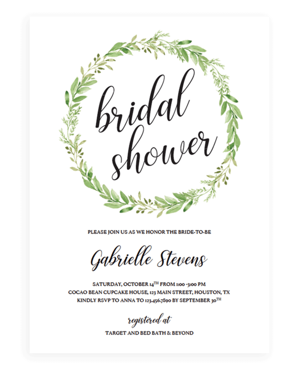 Green Wreath Bridal Shower Invitation Template Chic Botanical