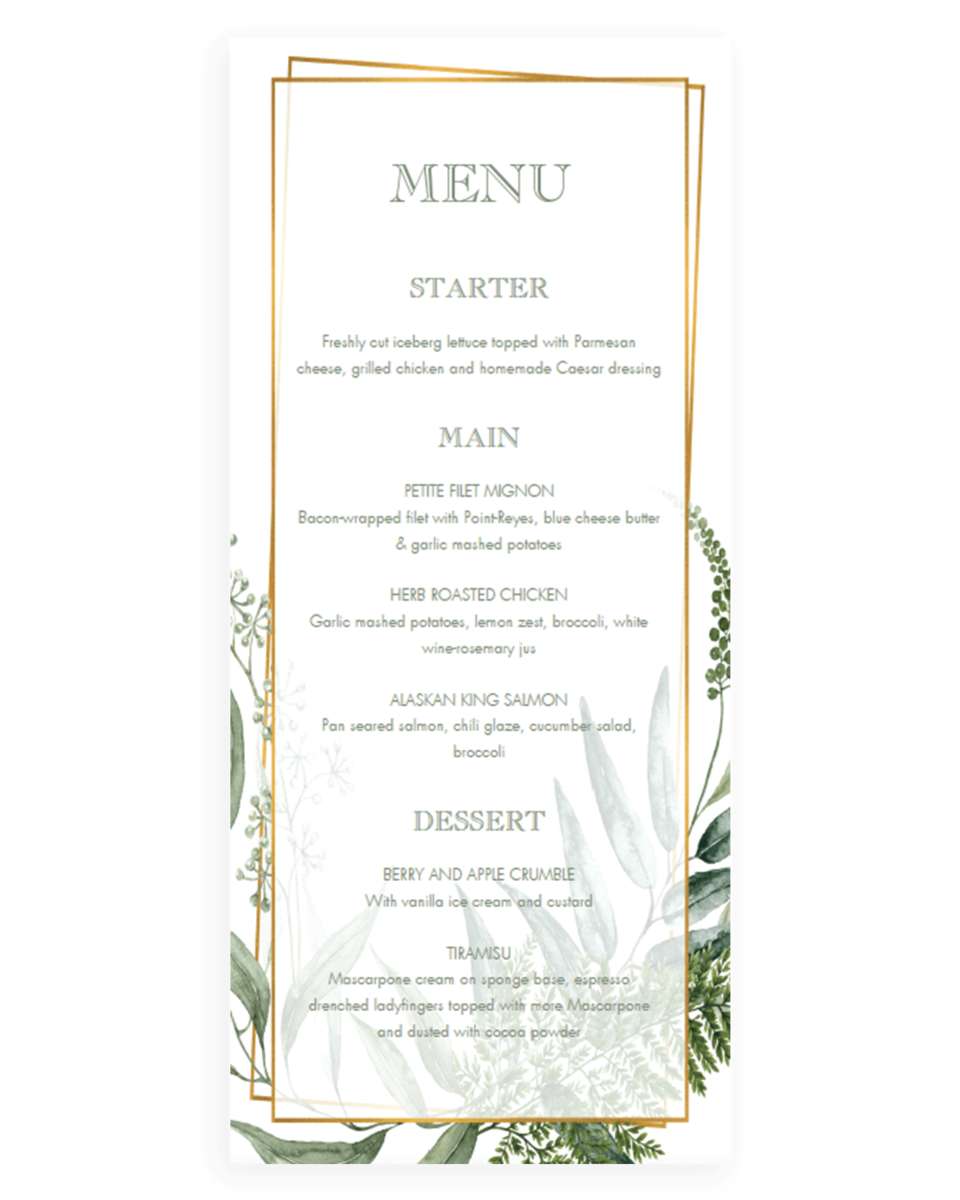 Vintage Botanical Menu Card For Wedding Reception