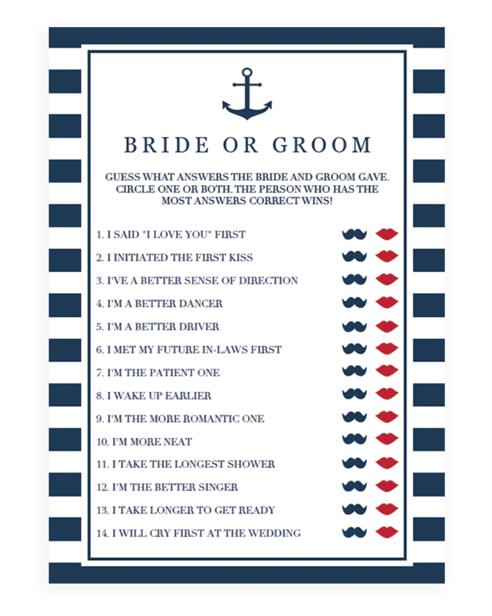 Guessing Game Bride or Groom Bridal Shower Game