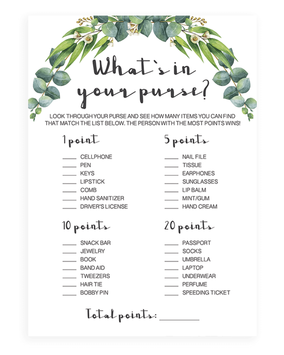 Printable Bridal Shower Whats In Your Purse Game RE1