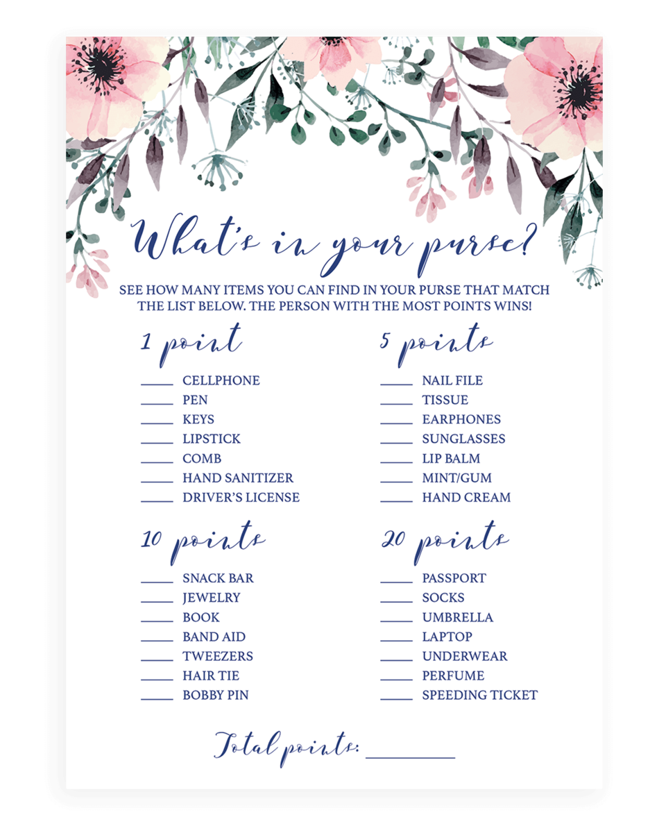 Boho Chic Whats In Your Purse Bridal Shower Game SPG1